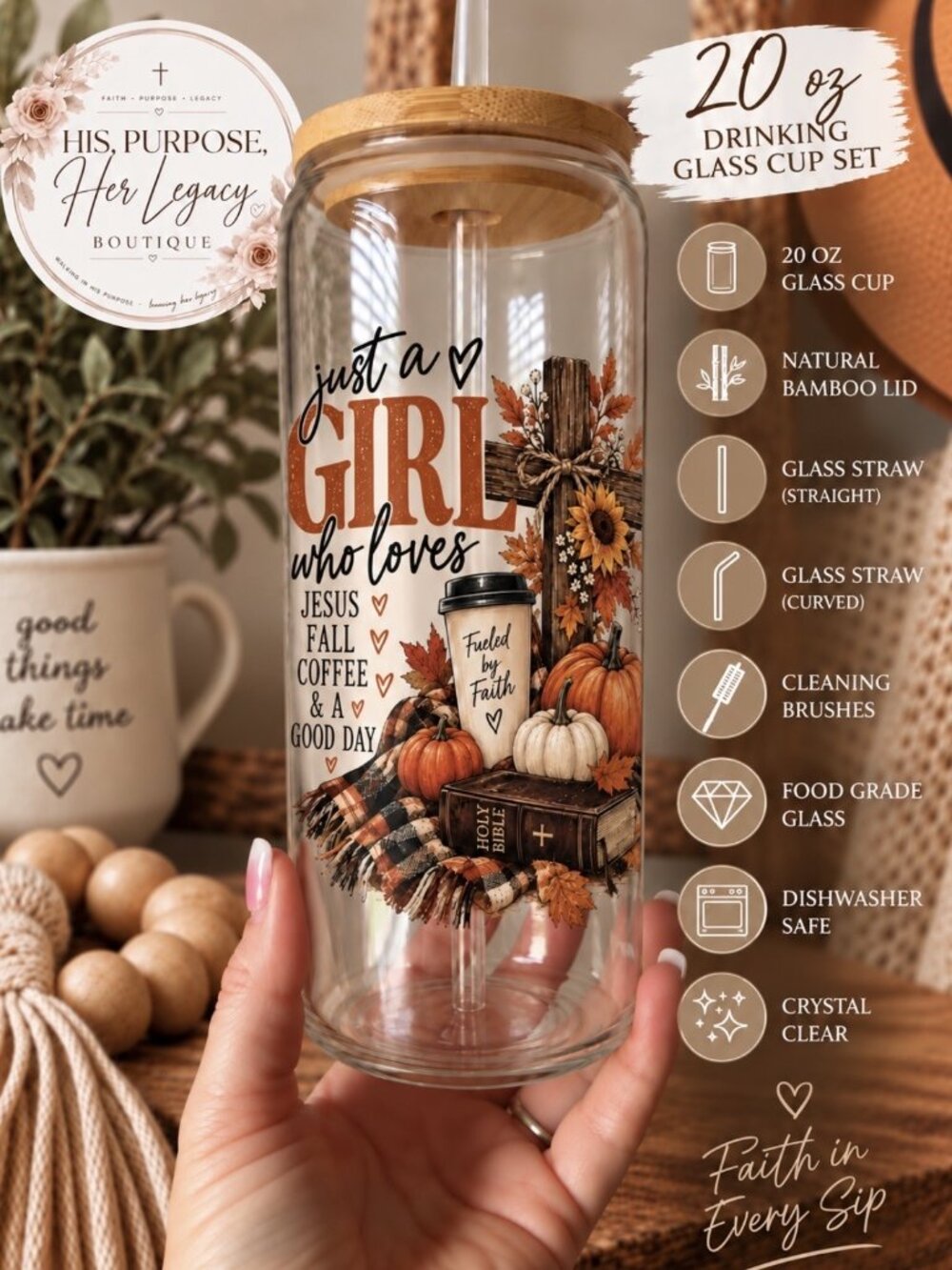 Jesus Fall Coffee Glass Cup | 20oz Christian Iced Coffee Cup | Fall Faith Gift